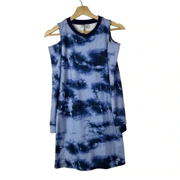 White Fawn Blue Tie Dye Cold Shoulder Long Sleeve Mini Dress M - Picture 1 of 4